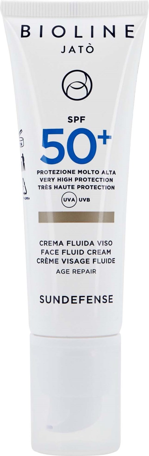 En vit tub med Bioline ansiktskräm med SPF 50+ skydd, märkt för åldersreparation och högt solskydd.