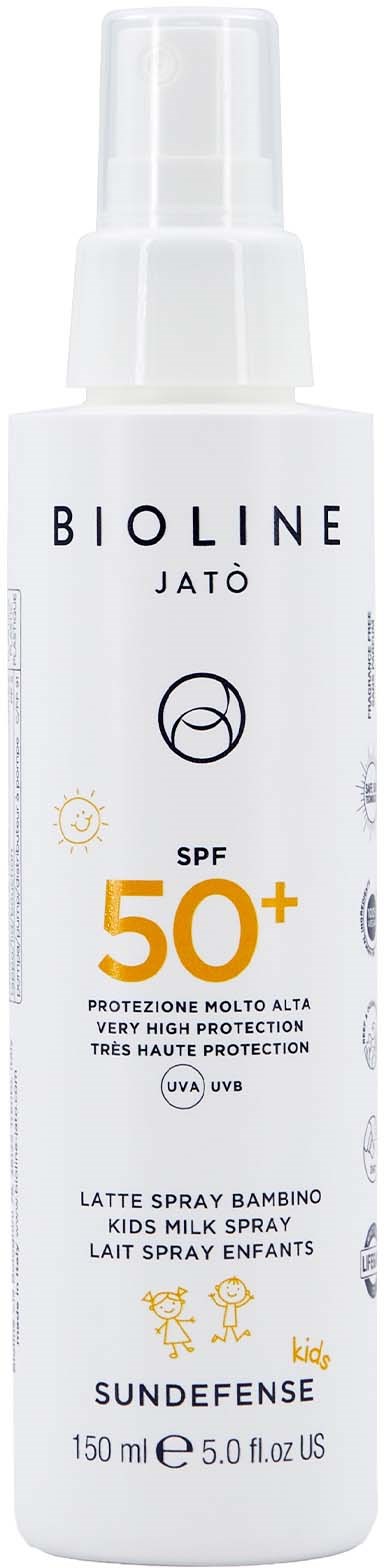 A white and gray bottle of Bioline Jatò kids spray, with SPF 50+ protection for children's skin.