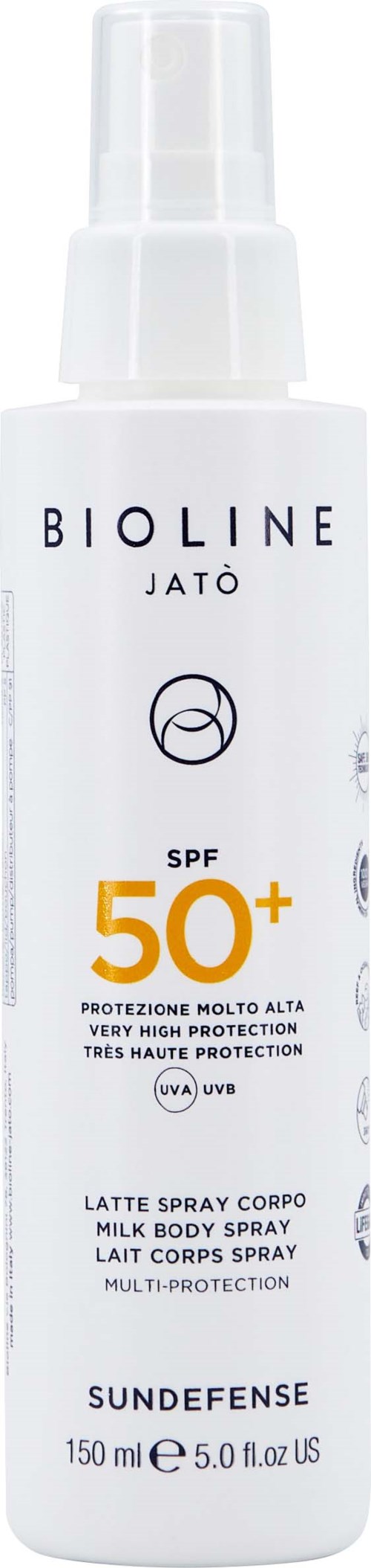 A white spray bottle labeled Bioline Jato sunscreen SPF 50+ with information about protection and size.