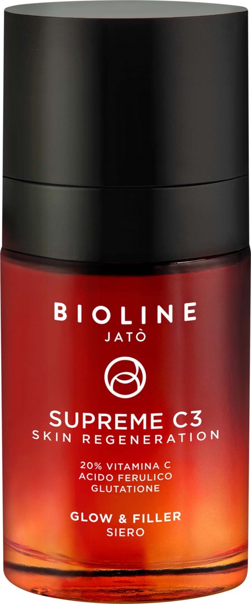 A red bottle with black cap, labeled Bioline Jato Supreme C3 Skin Regeneration, contains vitamin C and other skin ingredients.