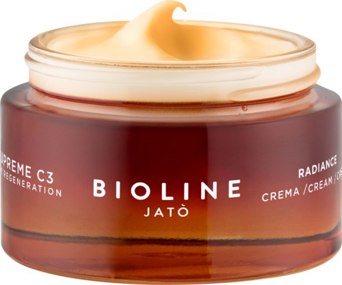 En burk med kräm på toppen, märkt Bioline Jatò, orange och vit med produktinformation.