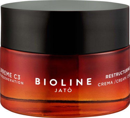 A red jar with black lid, labeled Bioline Jatò, contains a restructuring cream for hair.