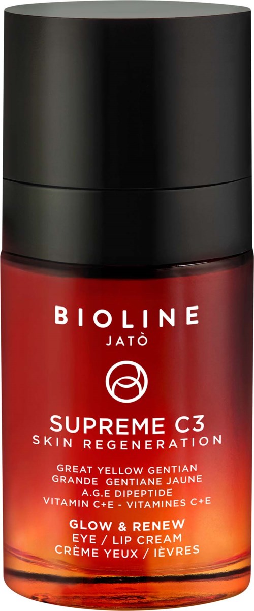 Red bottle with a black cap, labeled Bioline Jatò Supreme C3 skin and eye care product.