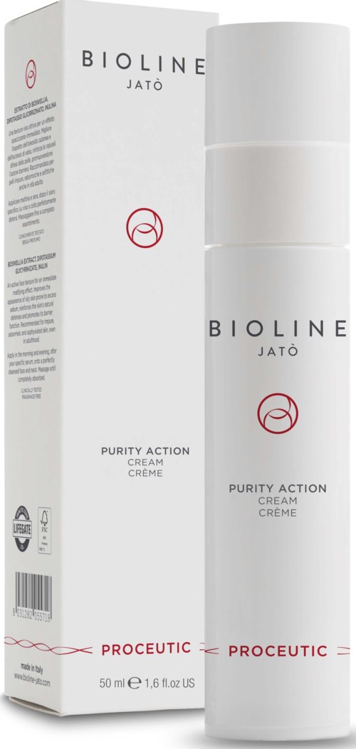 En vit flaska och förpackning för Bioline Jato Purity Action Cream, med enkelt text och röda detaljer. Ren och minimalistisk design.