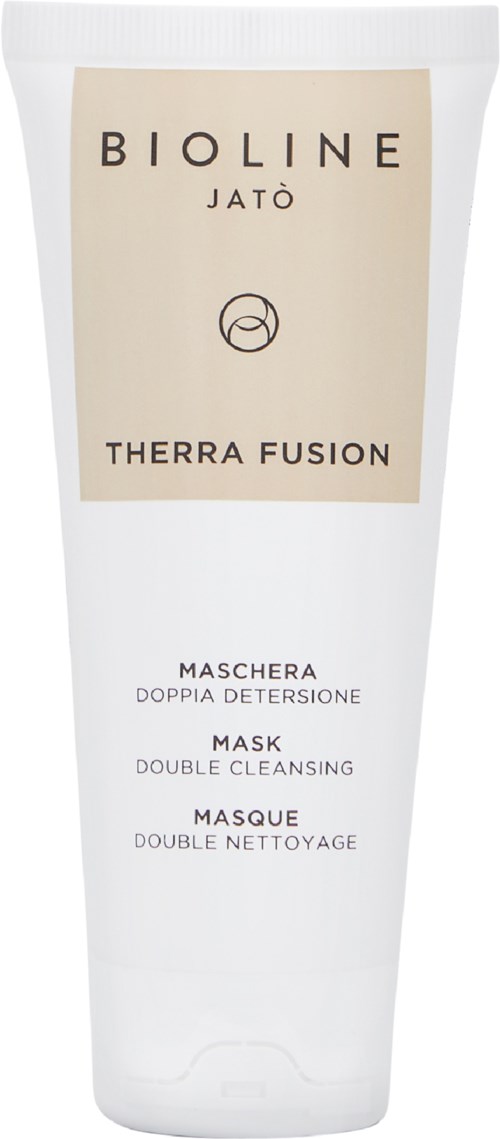 En vit och beige tub med märket Bioline Jato Therra Fusion double cleansing mask.