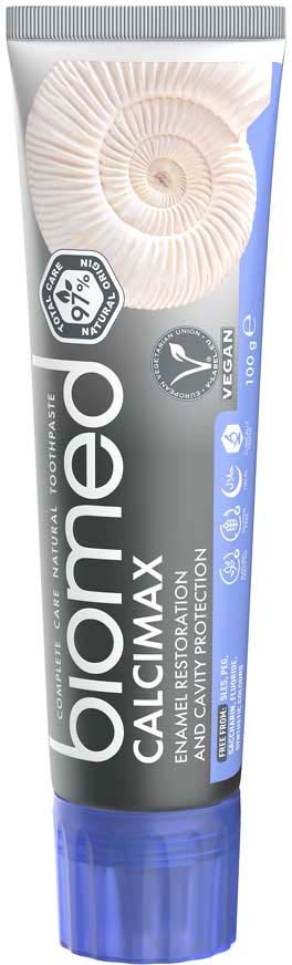 Een tube Biome CalciMax tandpasta met schelppictogram, benadrukt tandglazuurherstel en bescherming, met natuurlijke ingrediënten.