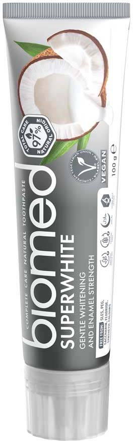 Een tube BioNove Superwhite tandpasta met kokos smaak, vegan en natuurlijke ingrediënten, en whitening eigenschappen.