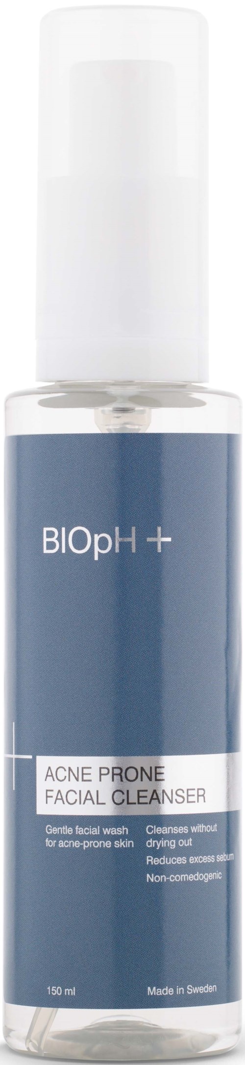 En blå og hvit flaske merket BIOPh++ Acne Prone Facial Cleanser, designet for hudrengjøring.