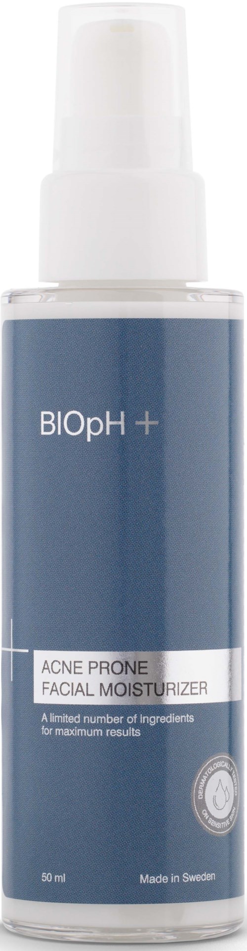 En ansiktsfuktighetskremflaske merket BIOpH + for hud med akne, laget i Sverige, 50 ml volum.