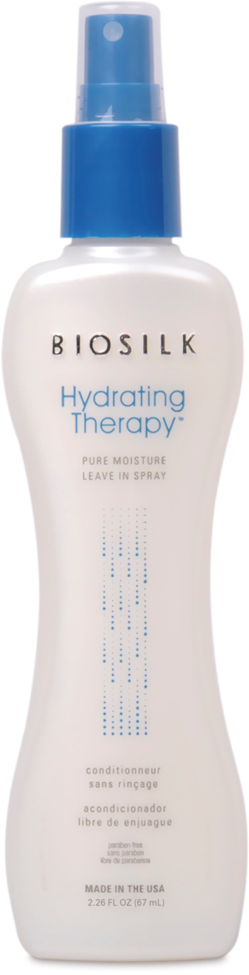 En vit flaska med blå sprejhuvud, märkt 'BIOSILK Hydrating Therapy' för hårfuktning, tillverkad i USA.