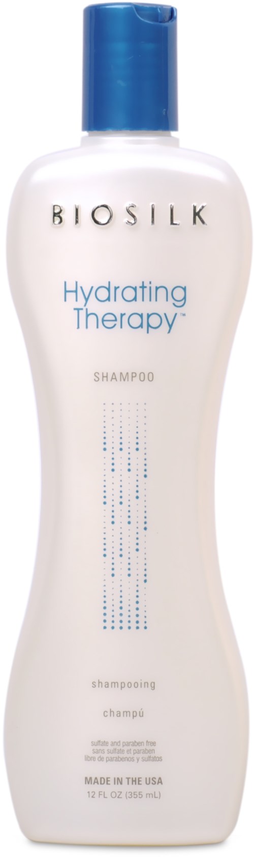En vit schampoflaska med blå kork, märkt 'BIOSILK Hydrating Therapy'.