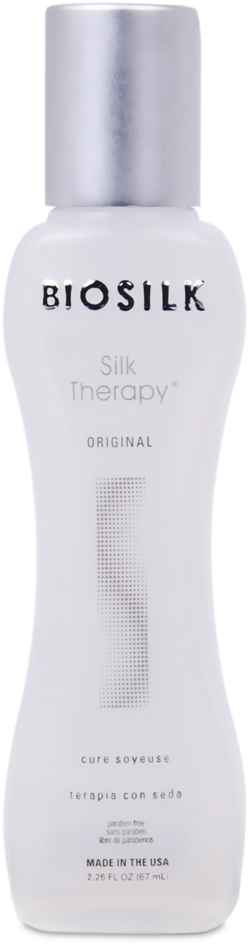 En vit flaska med silverlock märkt Biosilk Silk Therapy, används för hårvård, specifikt för att göra håret glatt och friskt.