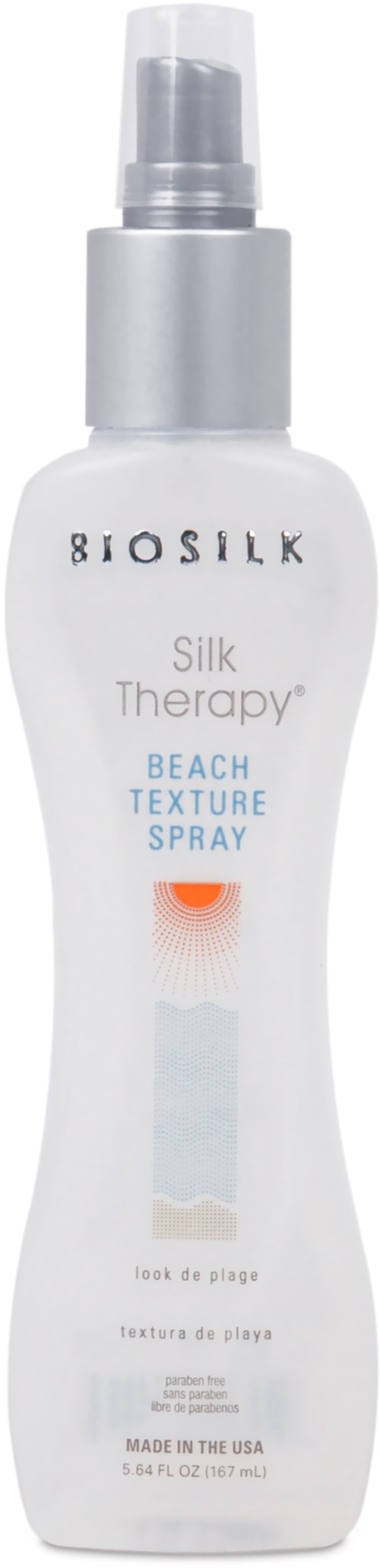 En vit flaska med spraytoppen märkt 'Biosilk Silk Therapy Beach Texture Spray.'
