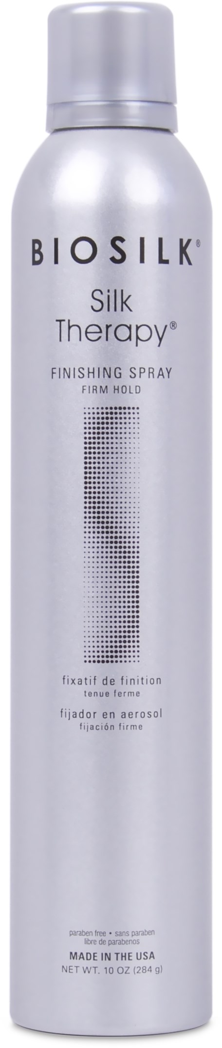 En lång vit sprayflaska med svart text, märkt 'BIOSILK Silk Therapy Finishing Spray' för hår.