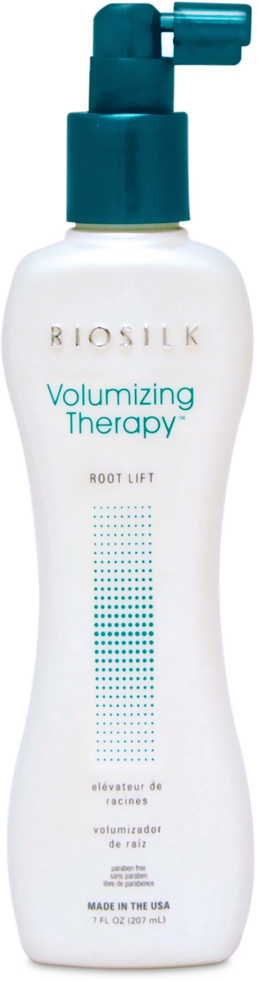 En vit flaska märkt 'Riosilk Volumizing Therapy' med en teal pump, används för hårvård.