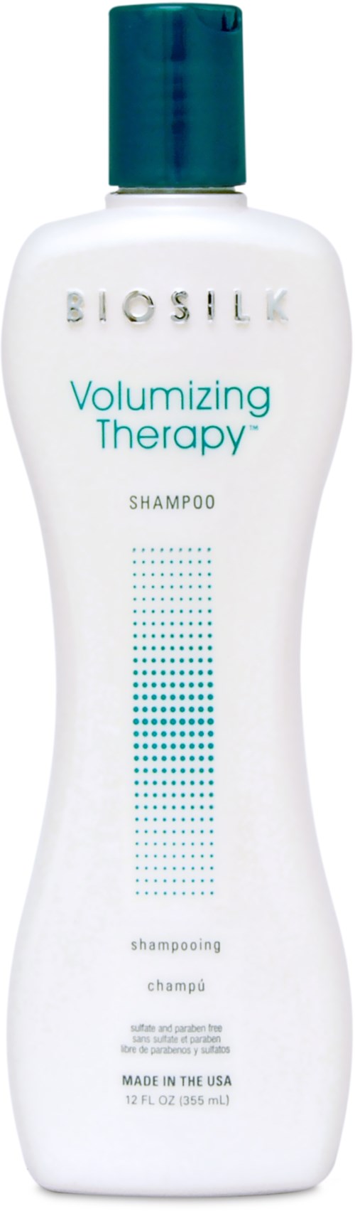 En vit schampoflaska med grön topp, märkt som Biosilk Volumizing Therapy Shampoo.