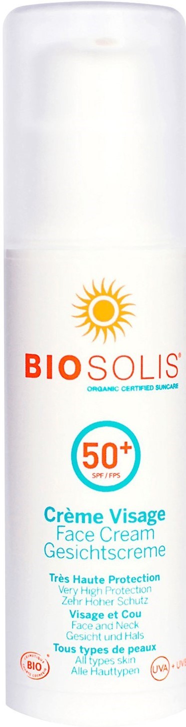 En vit flaska med ansiktskräm med en solsymbol, märkt 'BIOSOLIS' och '50+' solskydd, för alla hudtyper.