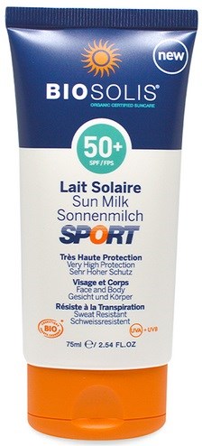 En 75 ml tub med BIO SOLIS solkräm, SPF 50+, för ansikte och kropp, med hög skydd, i blå och orange förpackning.