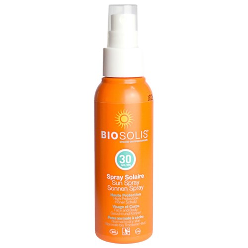 En orange sprayflaska märkt BIOSOLIS med sol-logga, för solskydd SPF 30 för ansikte och kropp.