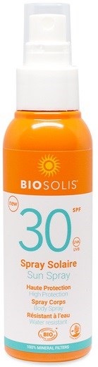 En liten orange flaska solspray med SPF 30, märkt 'BIO SOLIS', för hög solskydd.