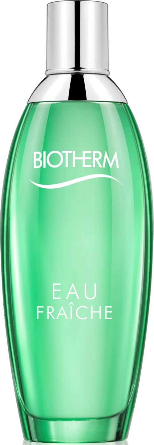 Grön flaska med silverlock, märkt 'BIOTHERM EAU FRAÎCHE'. Fräsch och ren design.