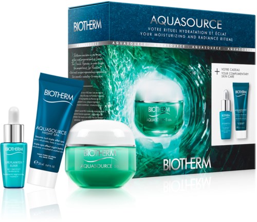 En hudvårdsuppsättning med en burk, tub, dropperflaska och förpackning, alla märkta 'Biotherm Aquasource' i grönt och blått.