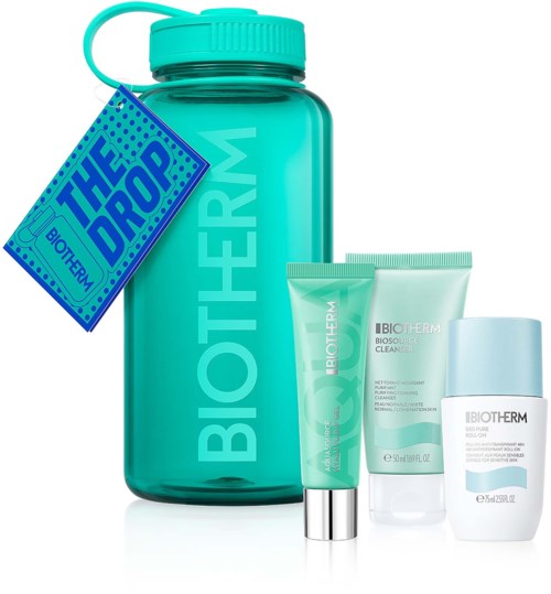 Set med Biotherm hudvårdsprodukter inklusive en stor blågrön flaska, rengöring, fuktkräm och en liten tub, alla med ljusgrön och vit förpackning.