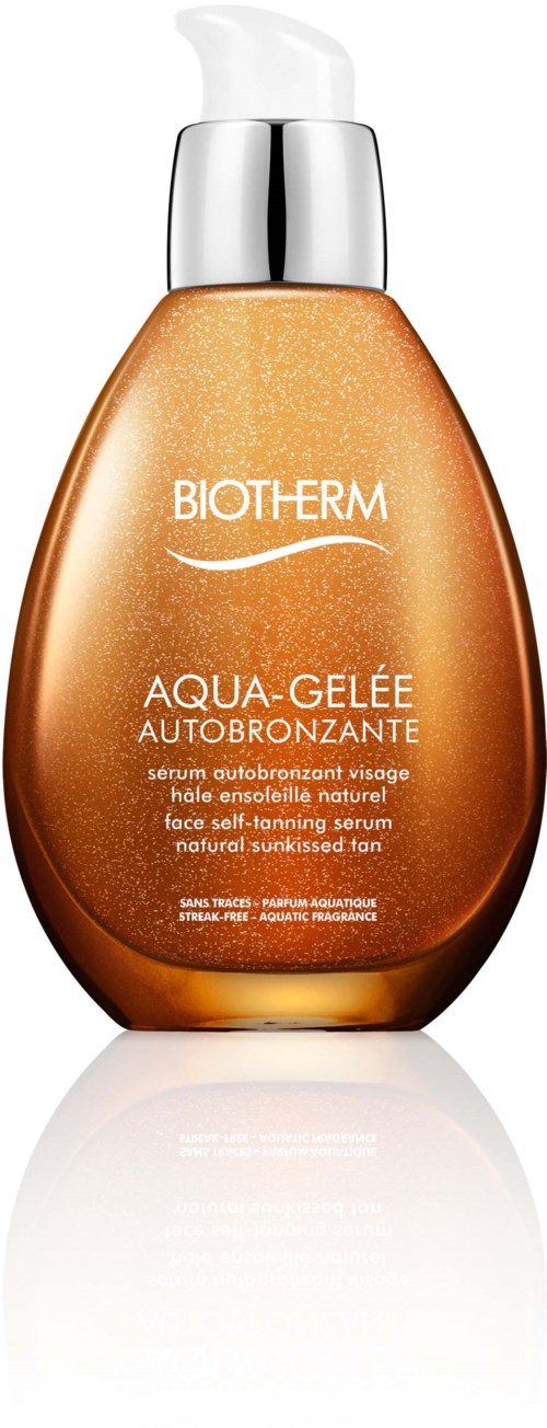 Eine bronzefarbene Flasche mit Pumpkopf, beschriftet Biotherm Aqua-Gelée, für Gesichtssonnenbräune.