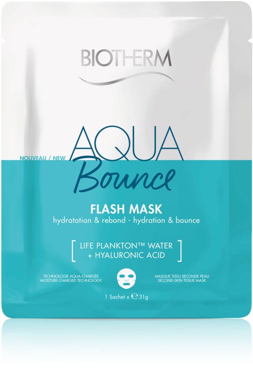 En hvit og blå pose med Hydrating and Bounce Flash Mask med vann og hyaluronsyre.
