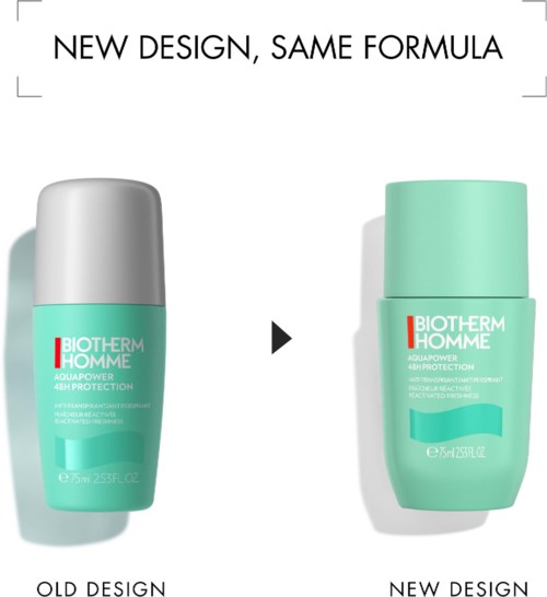 Två deodorantflaskor, en gammal design och en ny design, med liknande former och färger, visar en redesign.