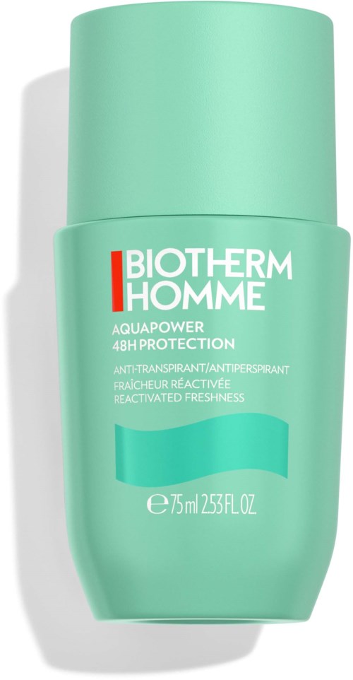 En ljusgrön flaska med Biotherm Homme Aquapower deodorant som ger 48 timmars skydd och en fräsch doft.