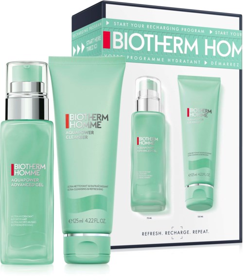 Set av fyra hudvårdsprodukter från Biotherm Homme i ljusgröna behållare, med en låda i bakgrunden.