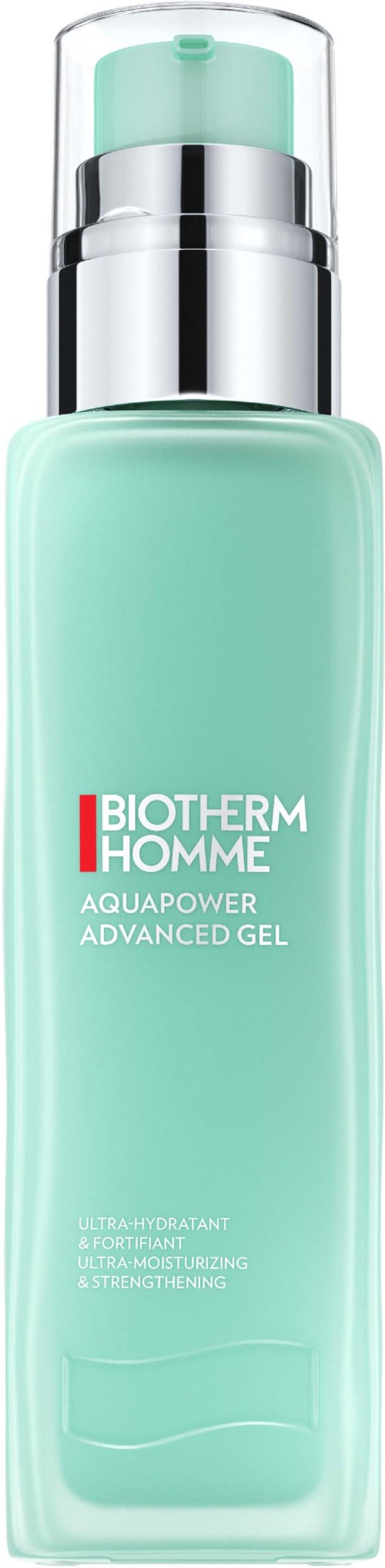 A tall, light green bottle with a silver cap, labeled Biotherm Homme Aquapower Advanced Gel.