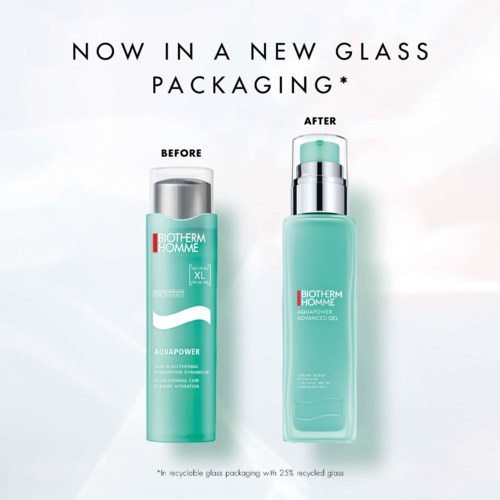 A skincare product before and after a packaging change, showing a new pump bottle design.