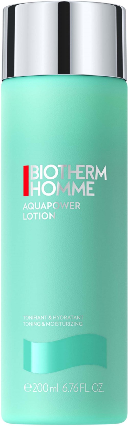 En lang, mintgrønn flaske med sølvhette, merket 'Biotherm Homme Aquapower Lotion.'