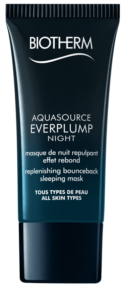 Mörkblå tub med Biotherm-logga, produktnamn och beskrivning för en sovmask för alla hudtyper.