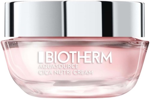 Pieni vaaleanpunainen lasipurkki, jossa lukee Biotherm Aquasource Cica Nutri Cream ja kiiltävä hopeinen kansi.