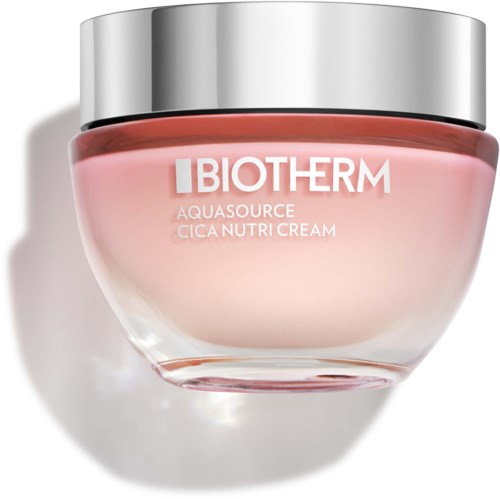 Ett rosa krämtillbehör med en silverlock, märkt "IBIOTHER AquaSource Cica Nutri Cream."