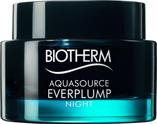 En blå och svart burk med Biotherm Aquasource Everplump Night-kräm. Burken har ett svart lock och blå botten.