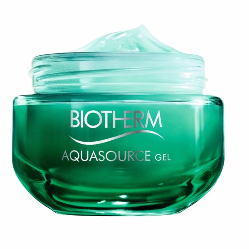 A green jar of Biotherm Aquasource Gel with light blue gel inside.