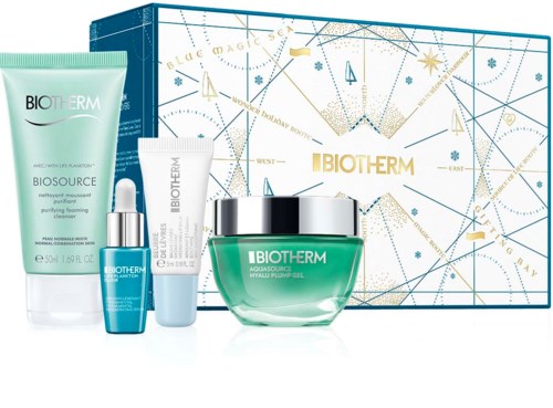 Produkty Biotherm do pielęgnacji skóry przed niebieskim i białym pudełkiem prezentowym.