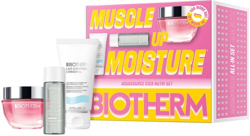 Biotherm hudvårdssats med fuktkräm och kroppsgel, förpackad i en rosa och vit box med fet stil gul och rosa text.