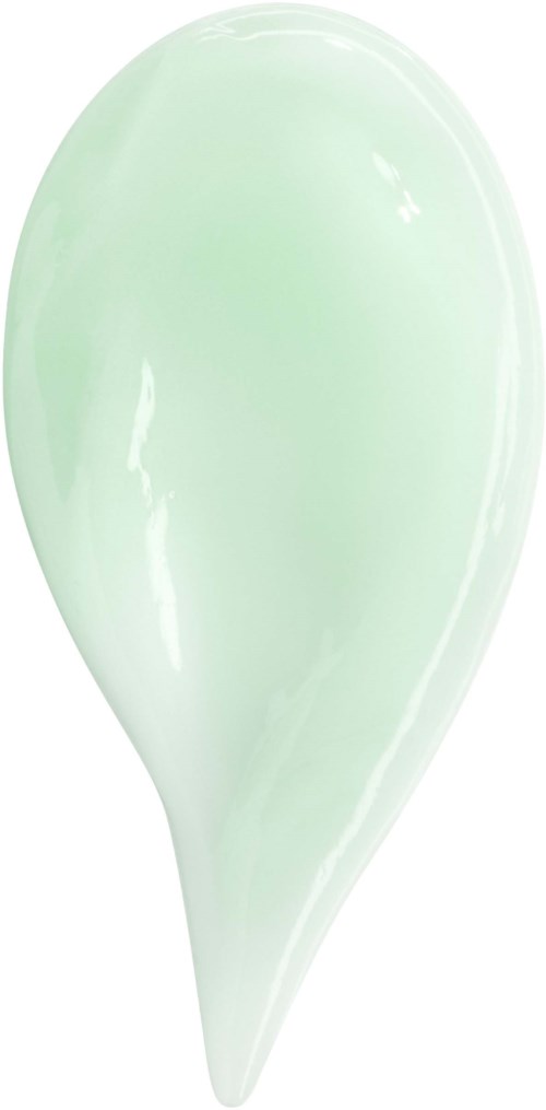 Ein hellgrüner weißer Gel oder Creme mit glatter, glänzender Oberfläche, in Tropfenform.
