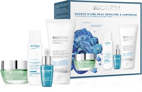 Biotherm-iho-tuotteiden kokoelma, mukaan lukien voiteet, puhdistusaineet, kosteusvoiteet ja seerumit, sinisissä ja valkoisissa pakkauksissa.