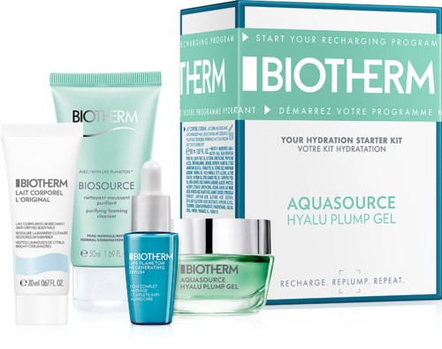 Biotherm Aquasource Hautpflegeset enthält Gel, Creme und Reiniger für Feuchtigkeitsversorgung. Markenname ist sichtbar auf Verpackung und Produkten.