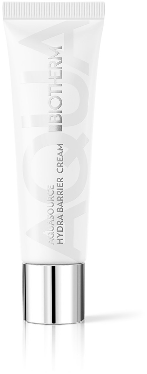 En vit tub med silverlock märkt Biotherm, Hydra Barrier Cream, för hudvård.