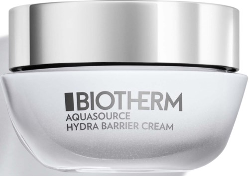 Valkoinen purkki hopeisella kannella, jossa lukee Biotherm Aquasource Hydra Barrier Cream.