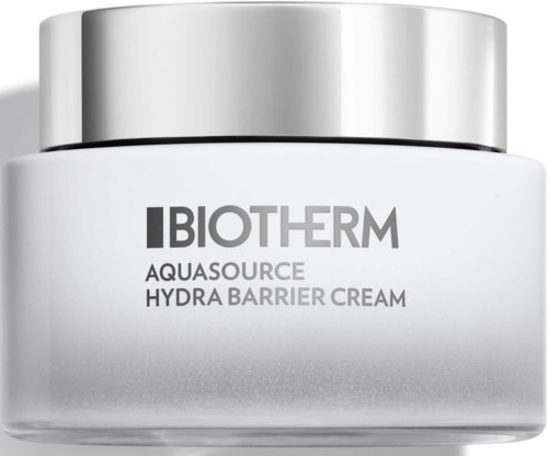 Biały słoik z srebrną pokrywką z napisem 'Biotherm Aquasource Hydra Barrier Cream.'