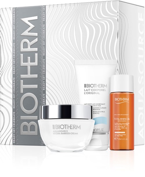Biotherm ihonhoitotuotteet: kerma, tonic ja puhdistusaine valkoisissa, hopeanharmaissa ja oransseissa pulloissa.
