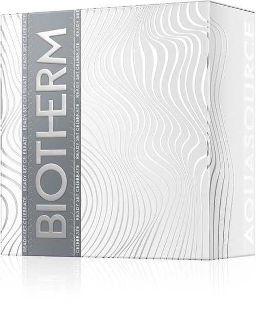  Valkoisen laatikko, jossa on "BIOTHERM"-teksti pystysuorassa harmaassa raidassa ja aaltoilevilla viivoilla.